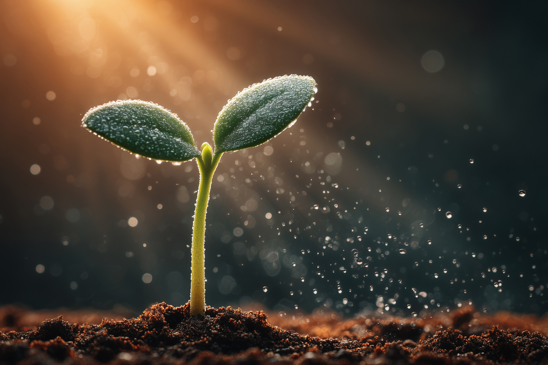 Grounded & Growing: Gratitude, Connection & Collaboration Dew-covered seedling emerging from dark soil under warm sun rays, with drifting water droplets, symbolizing grounded growth and renewal.